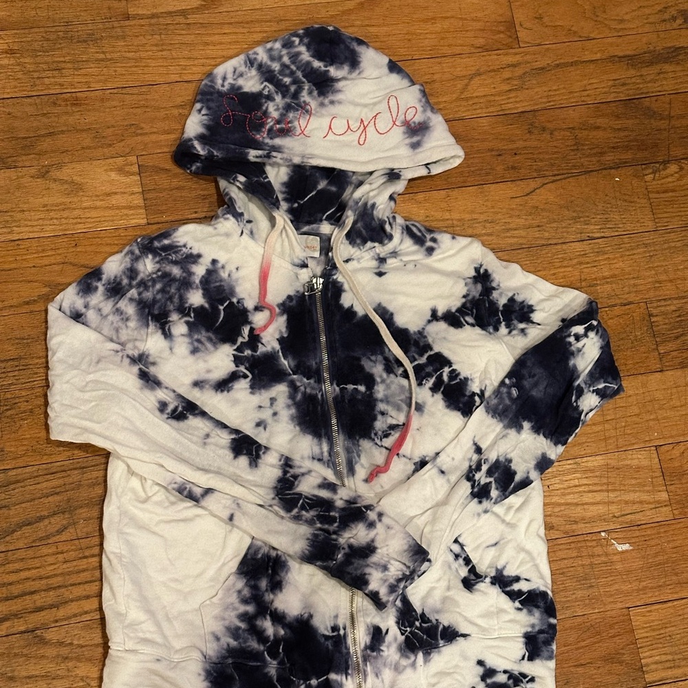 SoulCycle Tie-Dye Zip-Up Hoodie - Navy and White